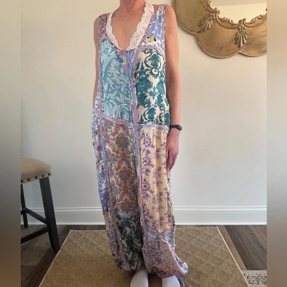 Blue Velvet Patchwork Boho Jumpsuit NWT Size Medium Wide Leg Floral - Picture 11 of 11